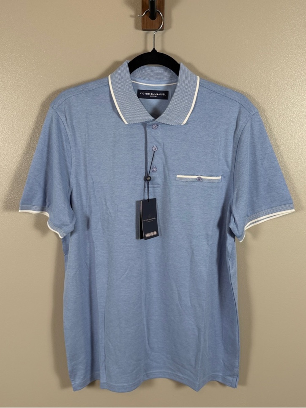 Victor Emmanuel Men's Light Blue Polo with Contrast Trim